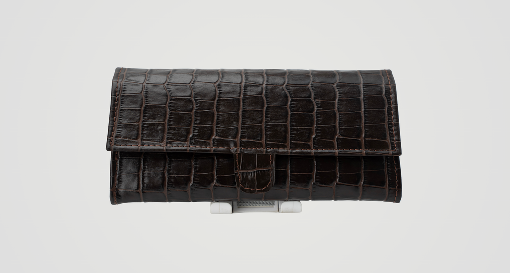 Croc-Embossed Leather Clutch Wallet - Dark Brown
