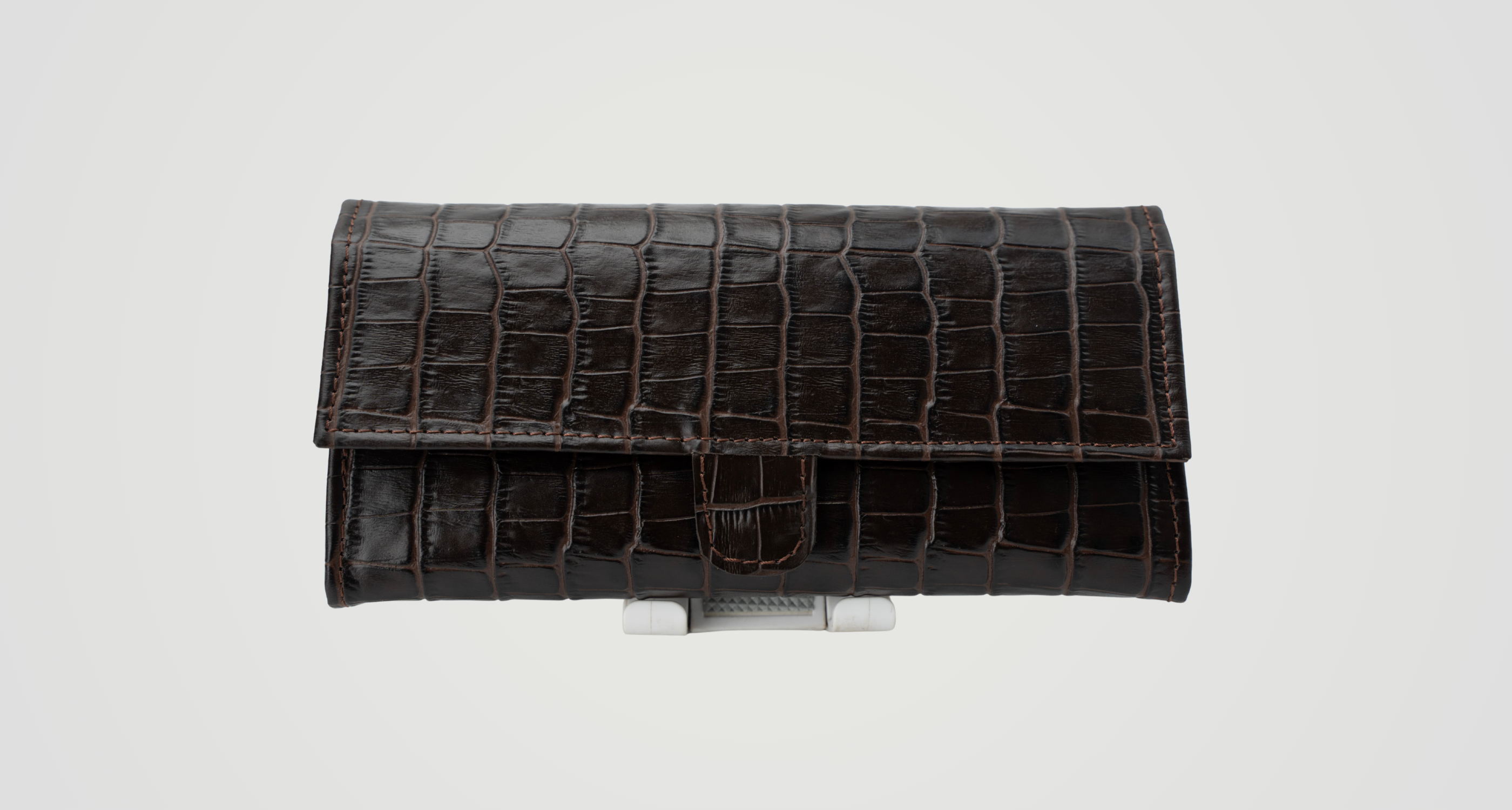 Croc-Embossed Leather Clutch Wallet - Dark Brown