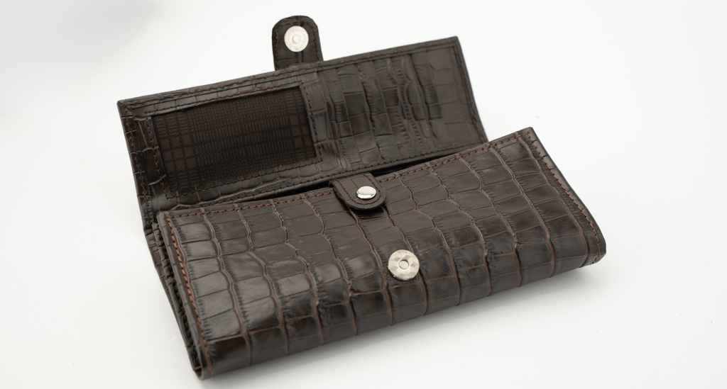 Croc-Embossed Leather Clutch Wallet - Dark Brown