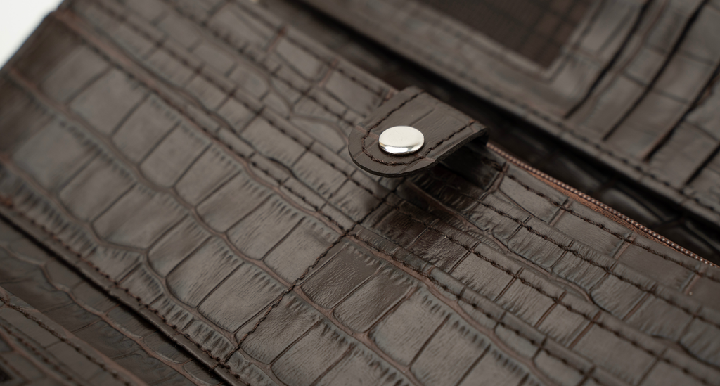 Croc-Embossed Leather Clutch Wallet - Dark Brown