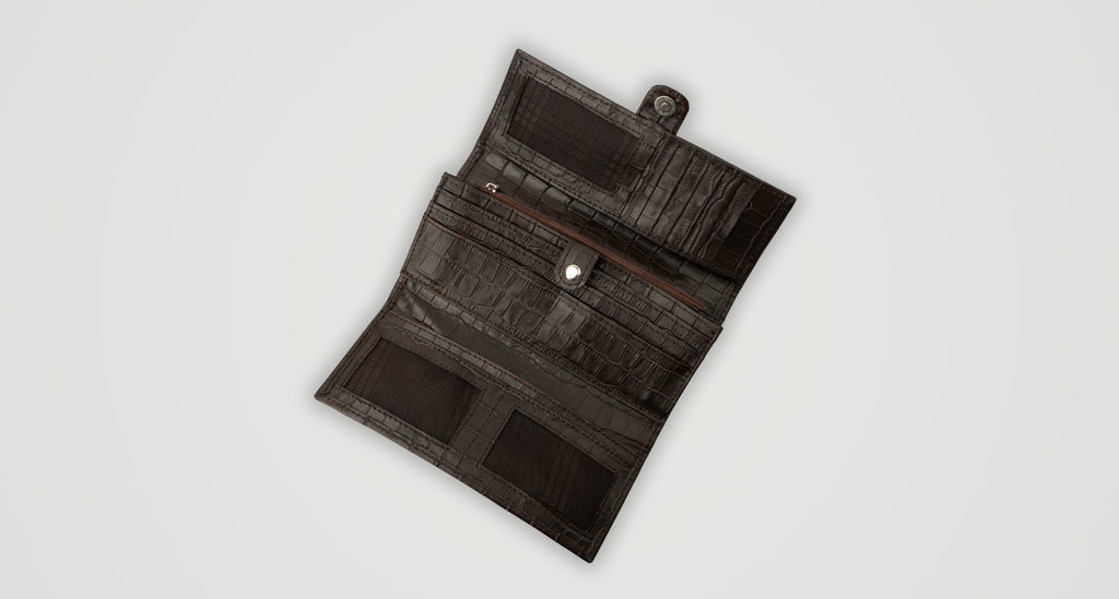 Croc-Embossed Leather Clutch Wallet - Dark Brown
