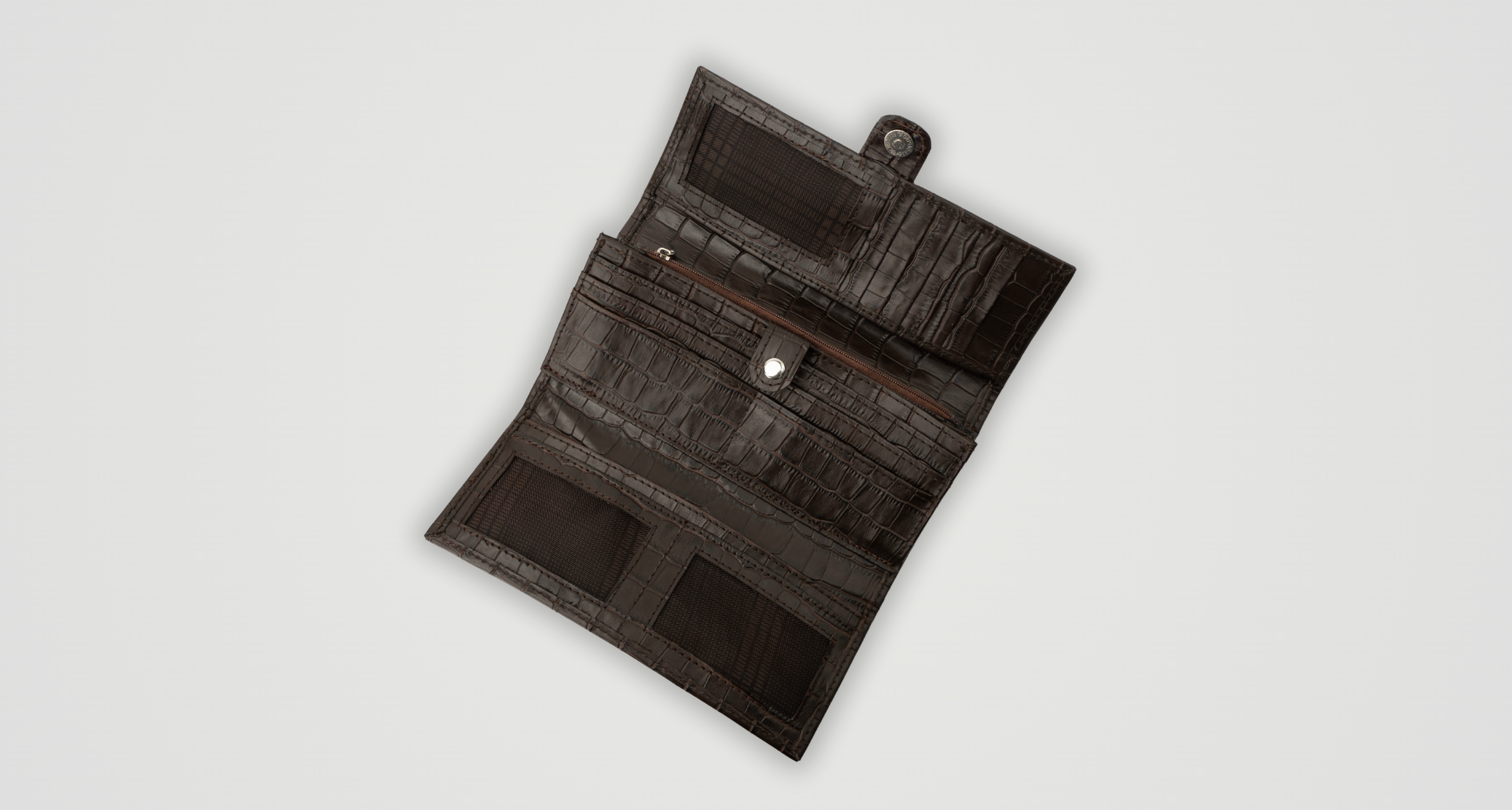 Croc-Embossed Leather Clutch Wallet - Dark Brown