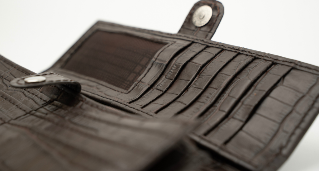 Croc-Embossed Leather Clutch Wallet - Dark Brown